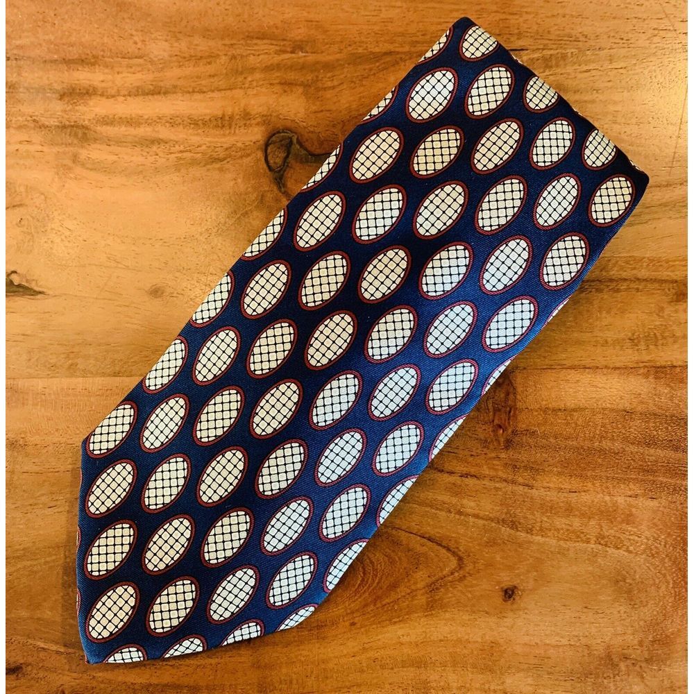 Roundtree & Yorke Geometric Circles Ovals Red White Blue Silk Foulard Brocade